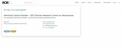 ROR-Eintrag des Helmholtz-Zentrum Potsdam – Deutsches GeoForschungsZentrum GFZ