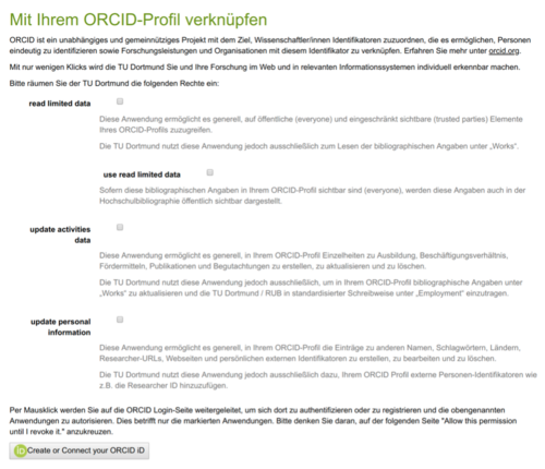 Screenshot der ORCID-Rechteeinräumung an der Technischen Universität Dortmund