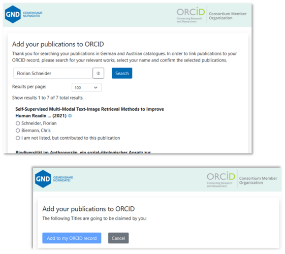 Übernahme von Metadaten in den ORCID-Record