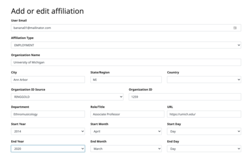 Eingabeformular zum Affiliation Manager