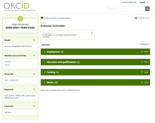 Screenshot zu einem Ausschnitt aus einem ORCID-Record